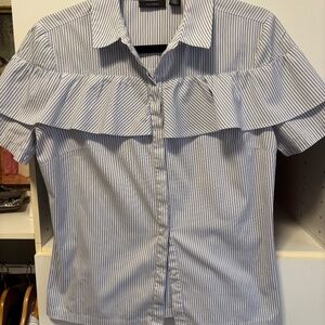 BLUE/WHITE STRIPED RUFFLE TOP
